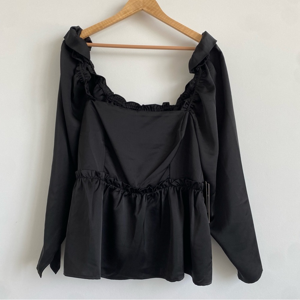 NWT Eloquii Black Ruffled Peplum Long Sleeve Blouse